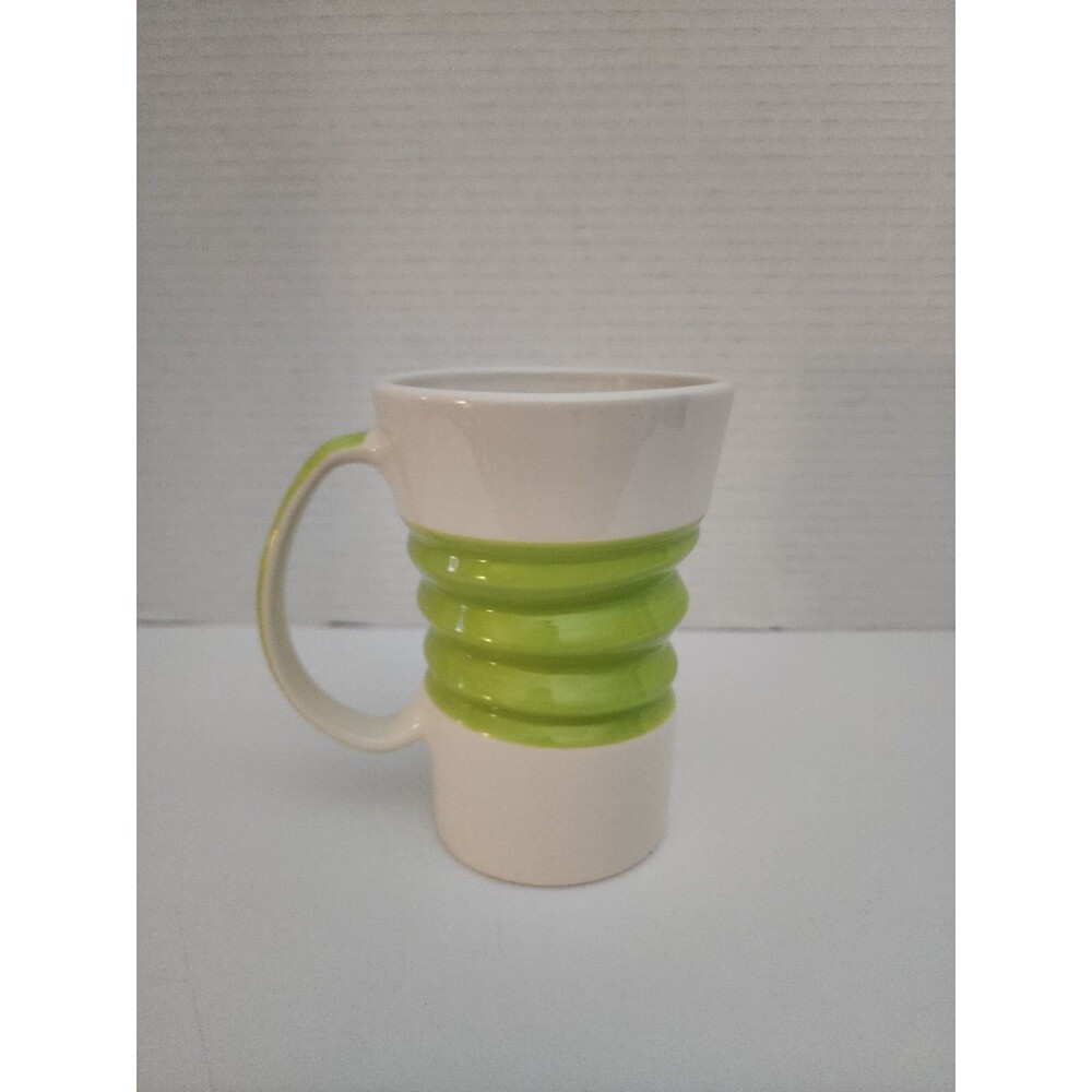 Pier 1 Lime Green & White Mug Corkscrew Accordion Rippled Crinkled in Center Mug